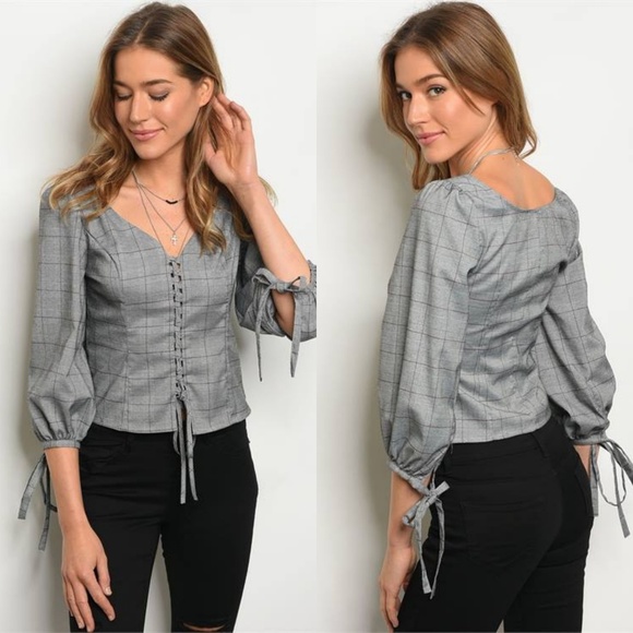 Luxe Label Tops - GRAY PLAID CORSET TIE SLEEVE TOP